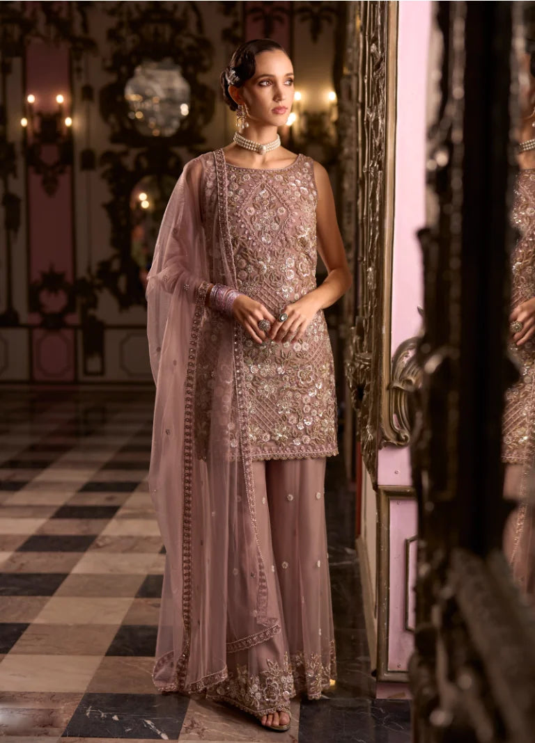 Tulle Net Cafe Rose Designer Heavy Work Tunic Top Sharara And Dupatta