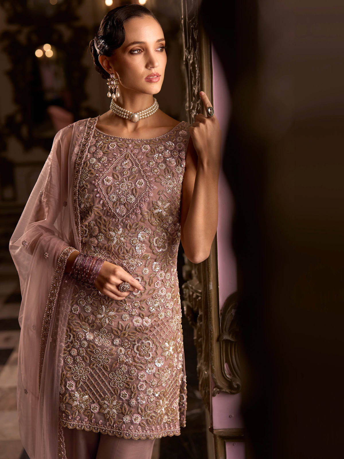 Tulle Net Cafe Rose Designer Heavy Work Tunic Top Sharara And Dupatta