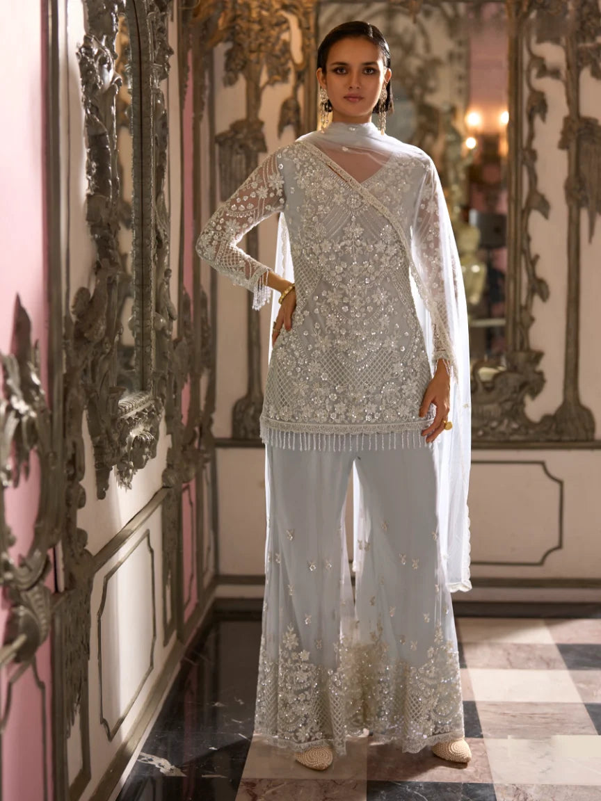 Tulle Net Silver Designer Heavy Work Tunic Top Sharara And Dupatta