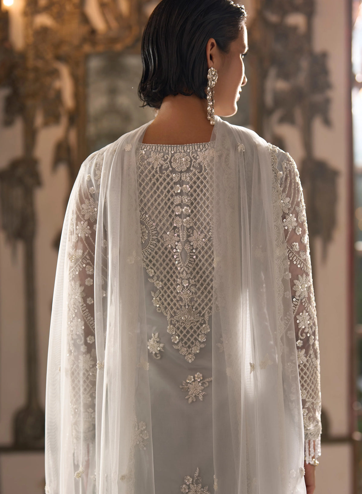 Tulle Net Silver Designer Heavy Work Tunic Top Sharara And Dupatta