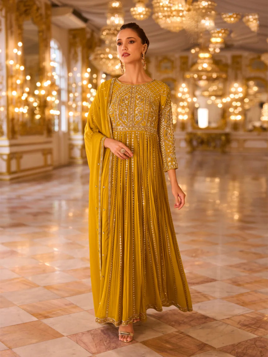 Georgette Yellow Embroidery Party Wear Anarkali With Dupatta