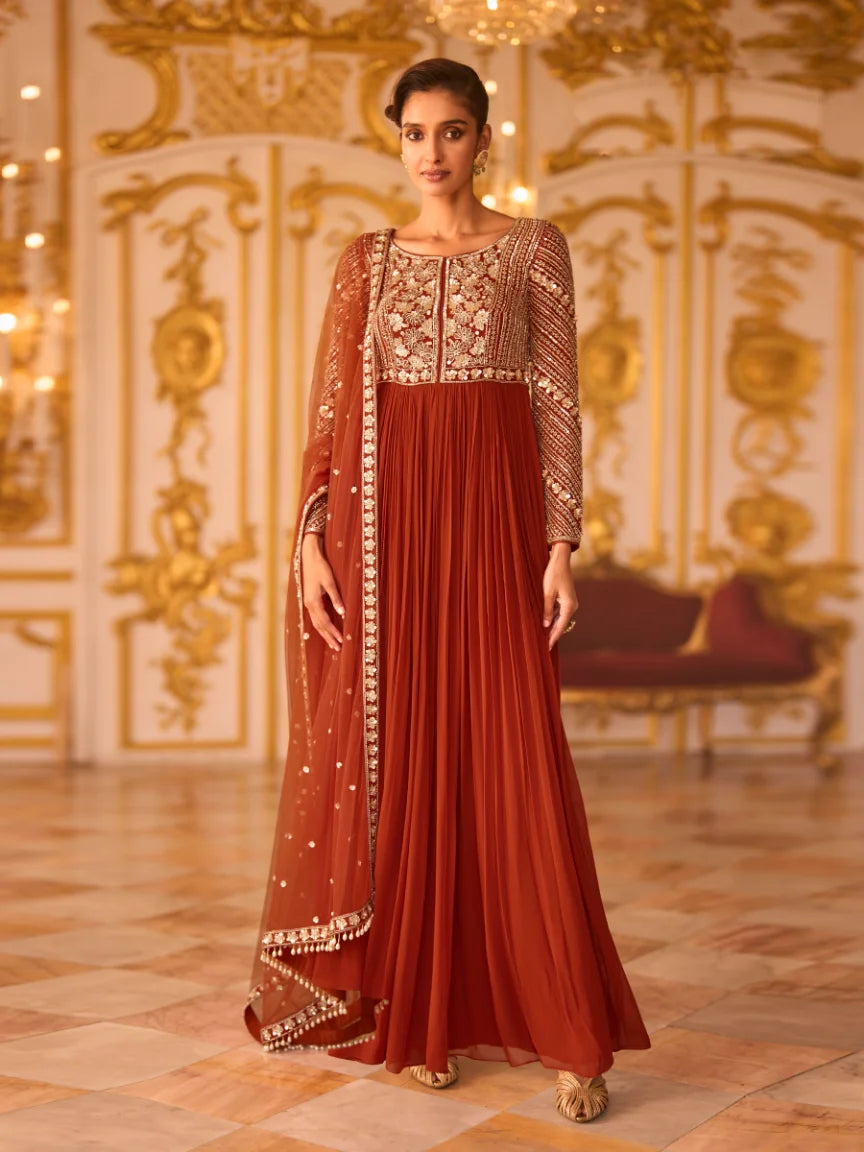 Georgette Brown Embroidery Party Wear Anarkali With Dupatta