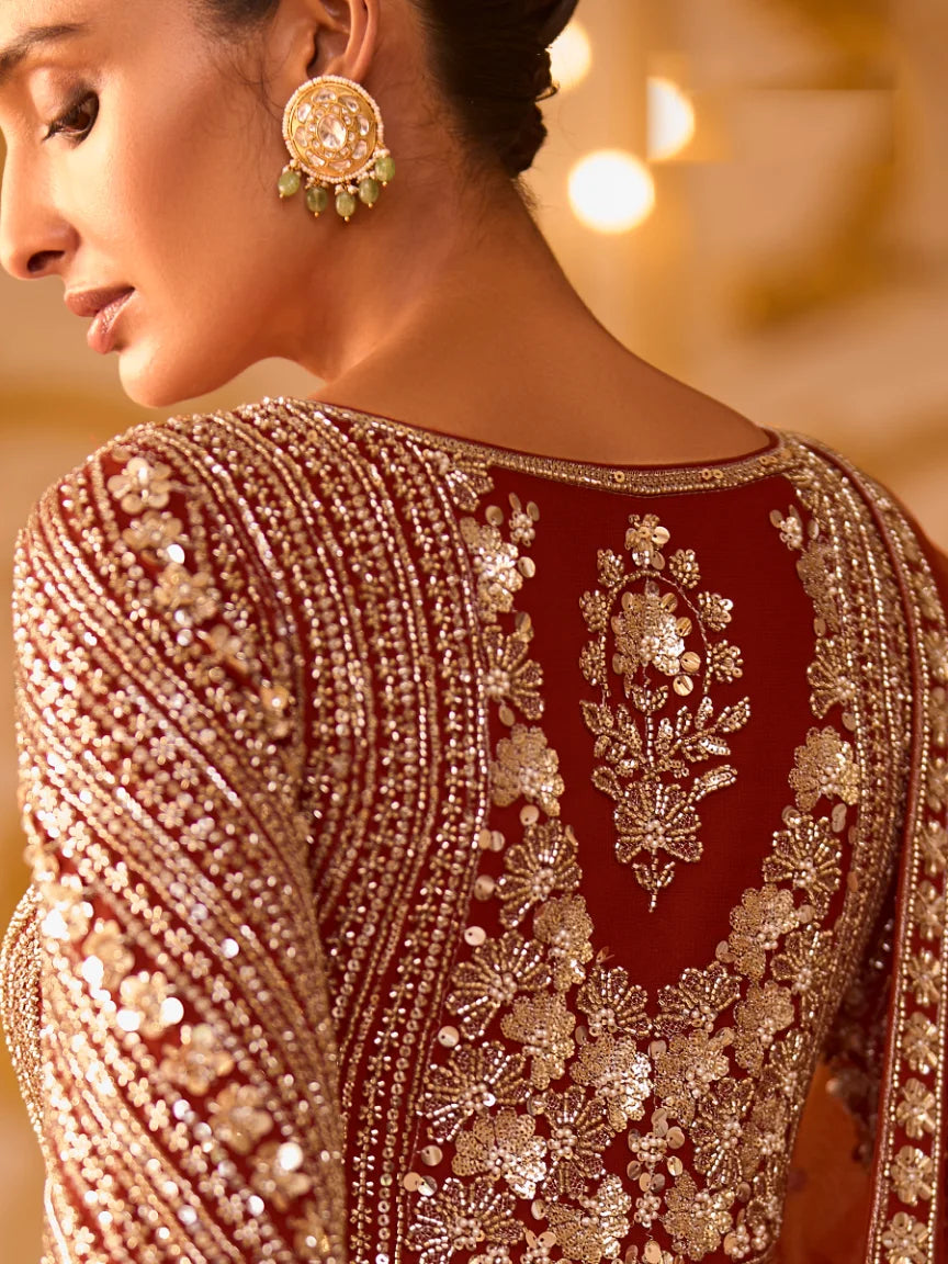 Georgette Brown Embroidery Party Wear Anarkali With Dupatta