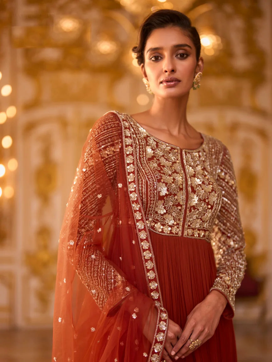 Georgette Brown Embroidery Party Wear Anarkali With Dupatta