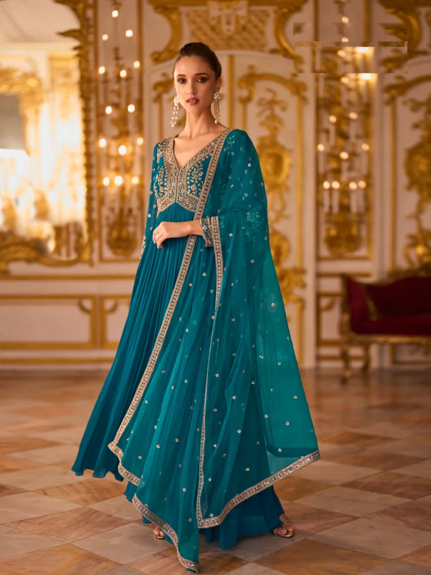 Georgette Blue Embroidery Party Wear Anarkali With Dupatta