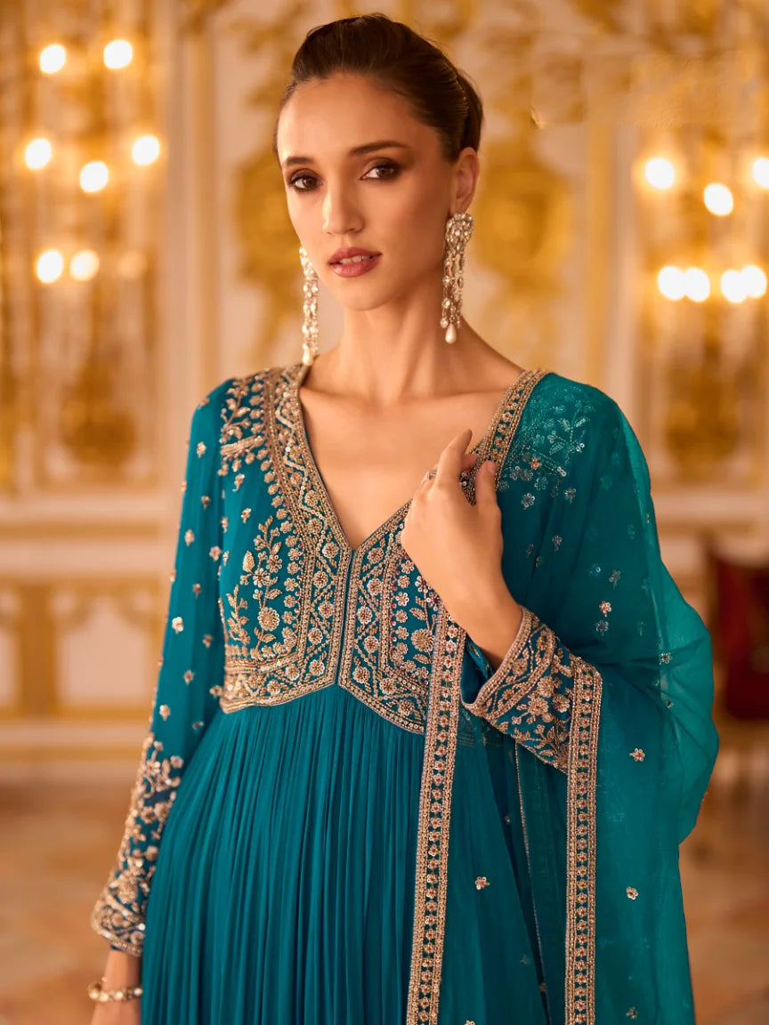 Georgette Blue Embroidery Party Wear Anarkali With Dupatta