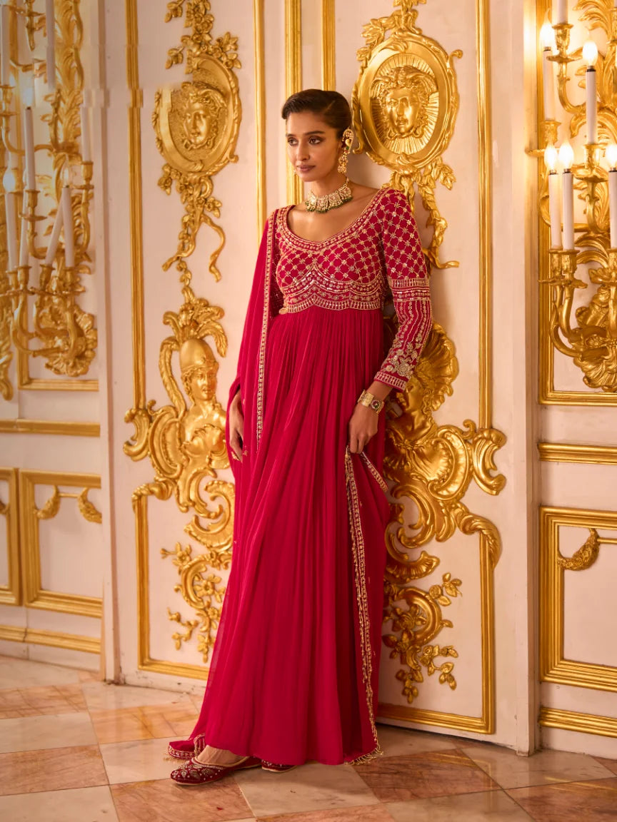Georgette Rani Embroidery Party Wear Anarkali With Dupatta