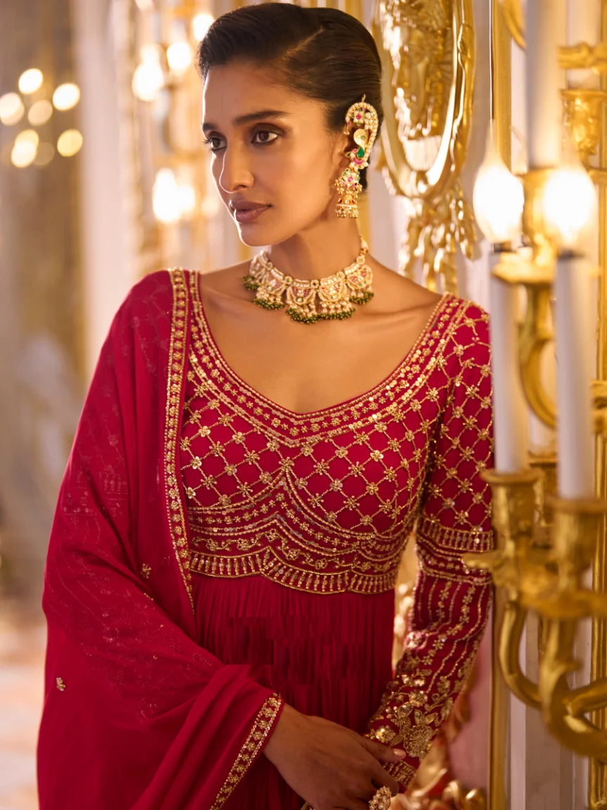 Georgette Rani Embroidery Party Wear Anarkali With Dupatta