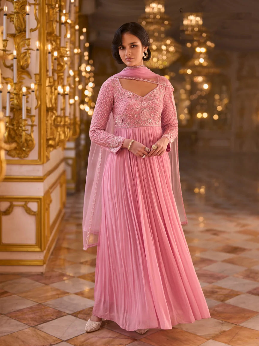 Georgette Pink Embroidery Party Wear Anarkali With Dupatta