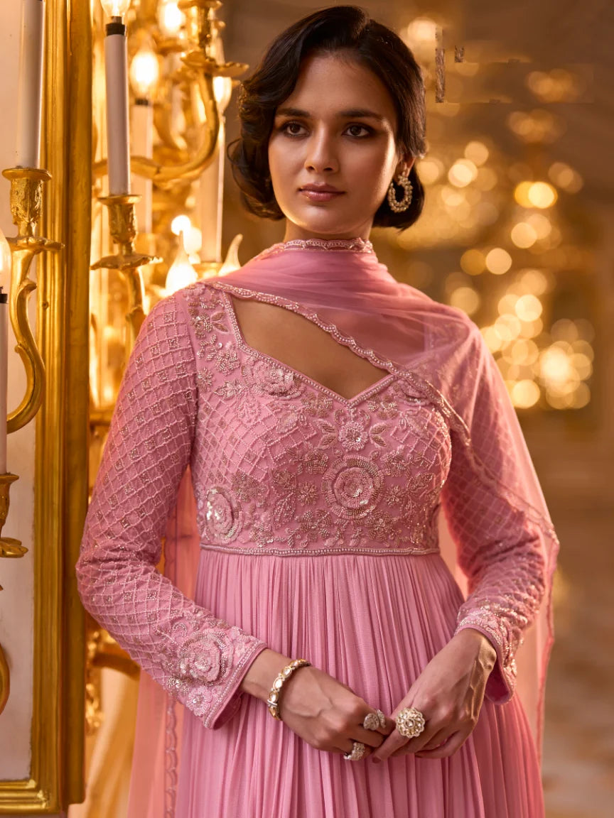 Georgette Pink Embroidery Party Wear Anarkali With Dupatta