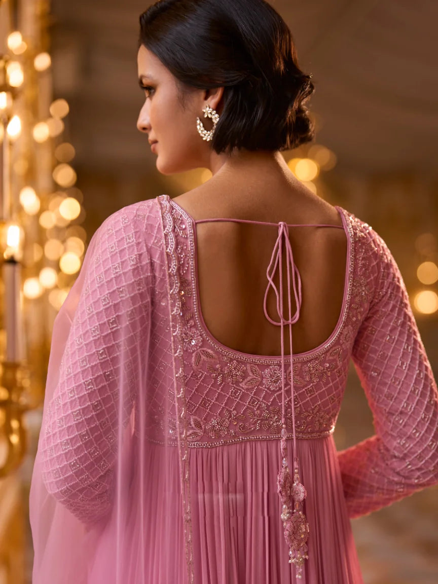 Georgette Pink Embroidery Party Wear Anarkali With Dupatta