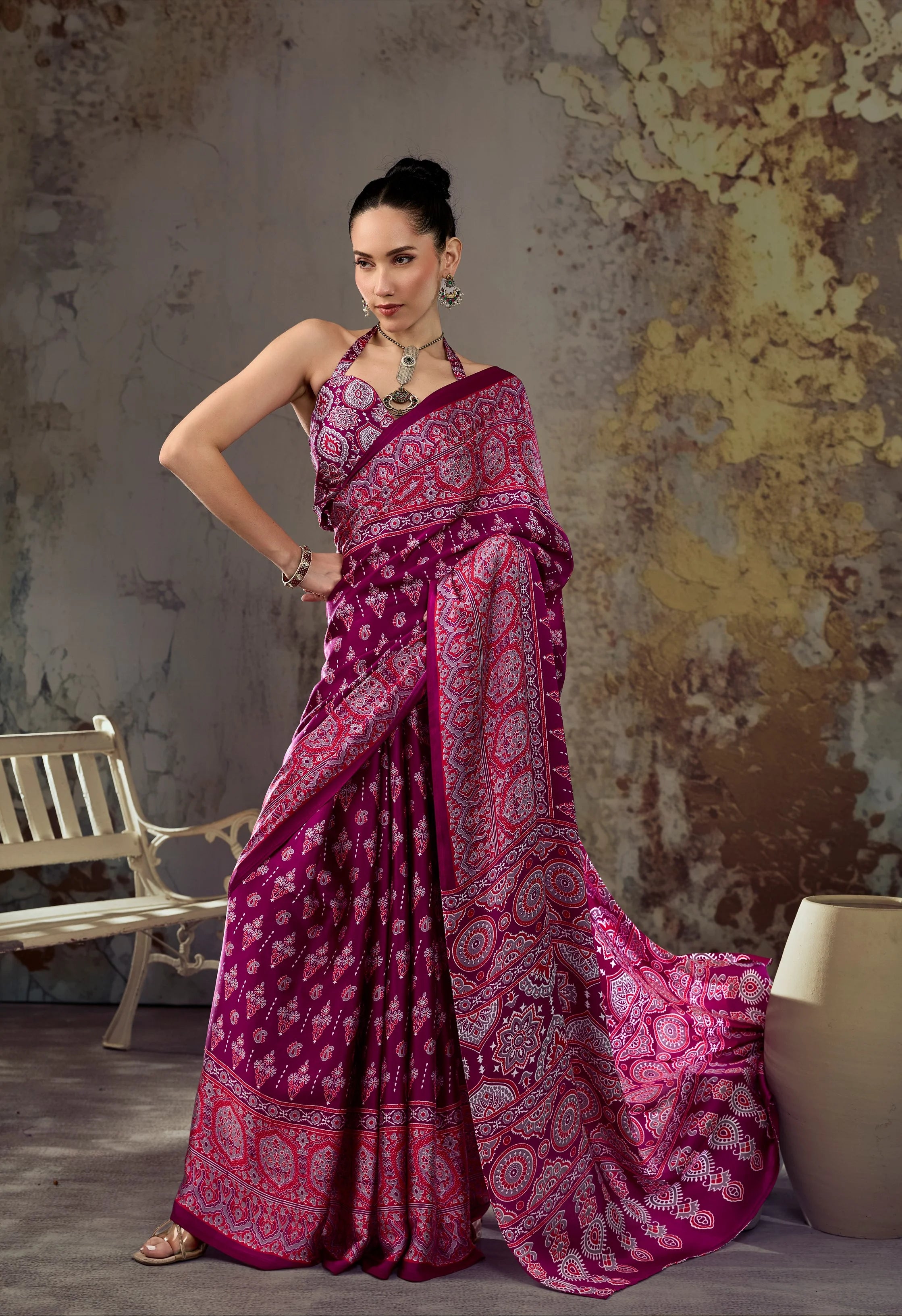 Modal Satin  Ajarakh Regular Wear With Print Saree