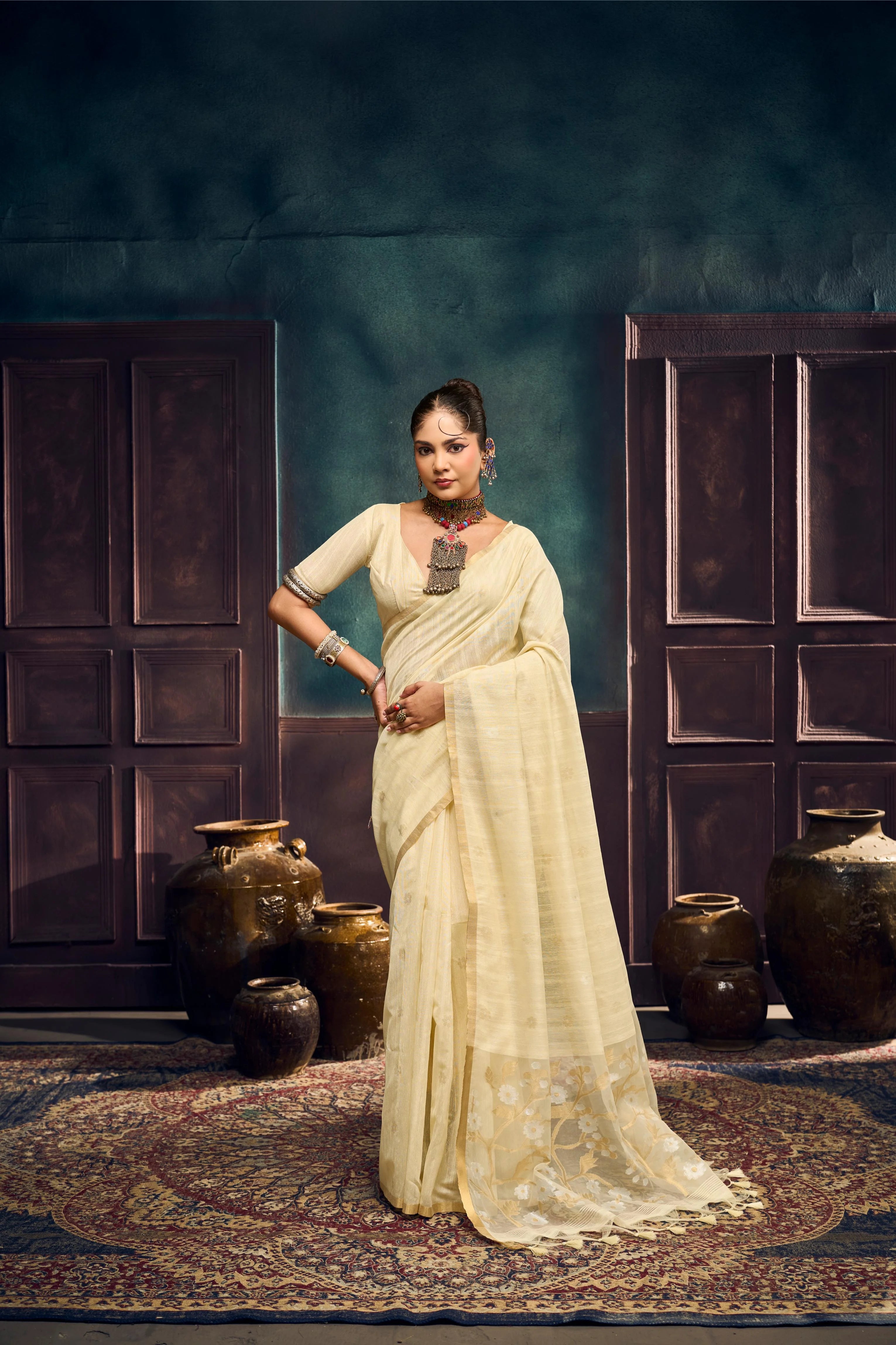 Pure Munga Cotton Casual Wear Beige With Handloom Work
