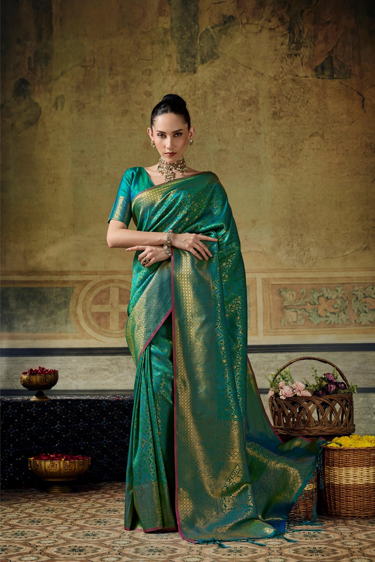 Silk Festival Wear Teal Handloom Weaving Saree
