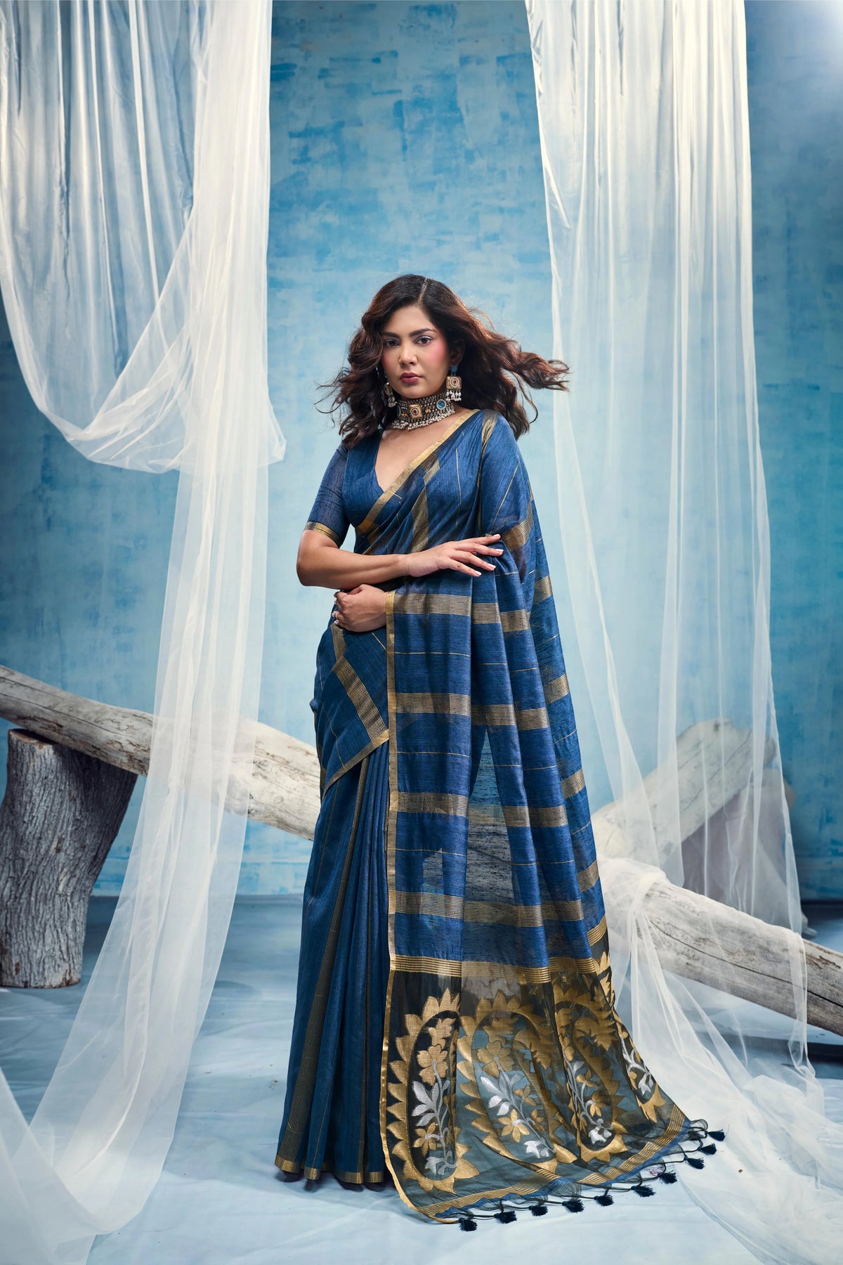 Munga Cotton Blue Casual Wear Handloom Weaving Sarees
