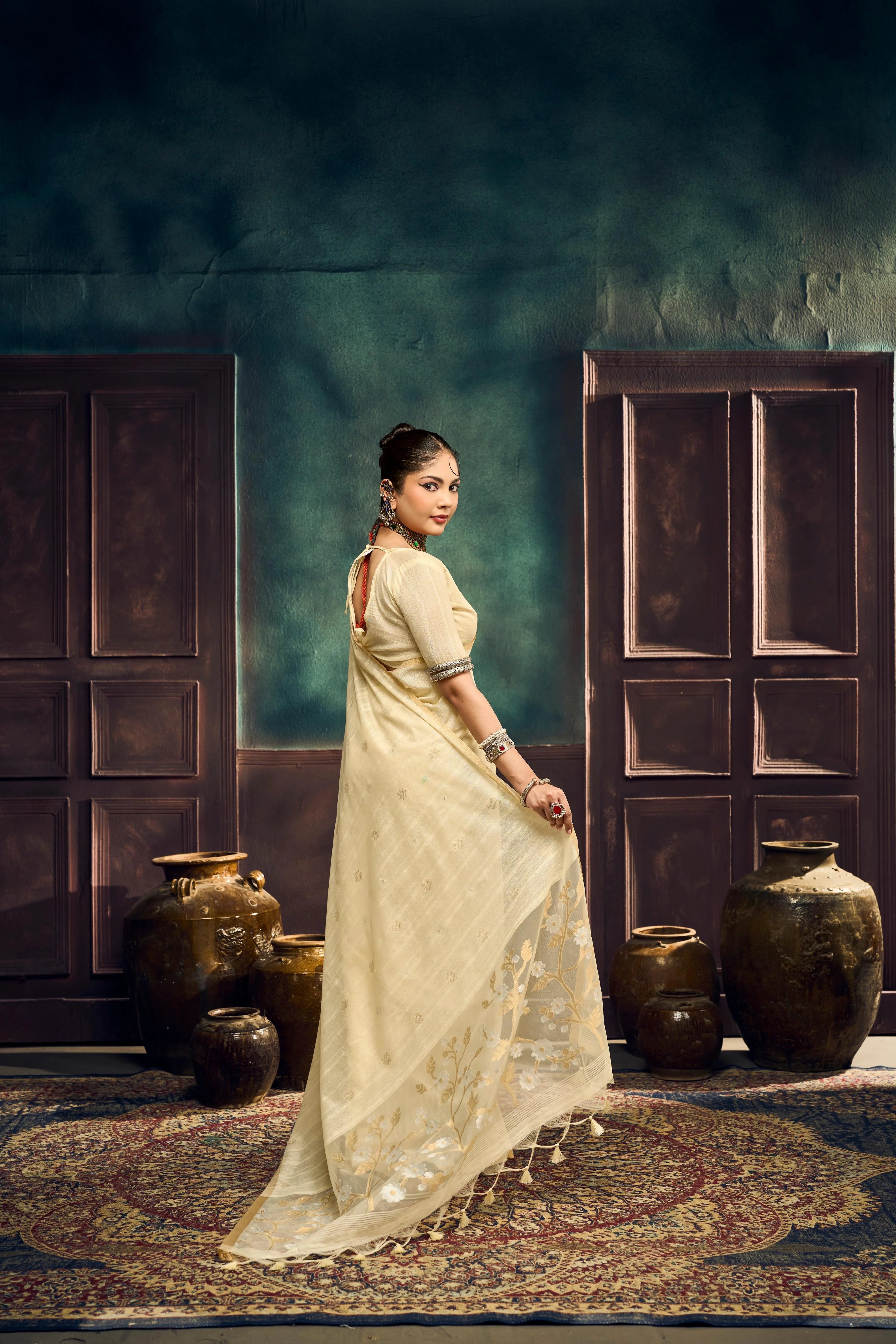 Pure Munga Cotton Casual Wear Beige With Handloom Work