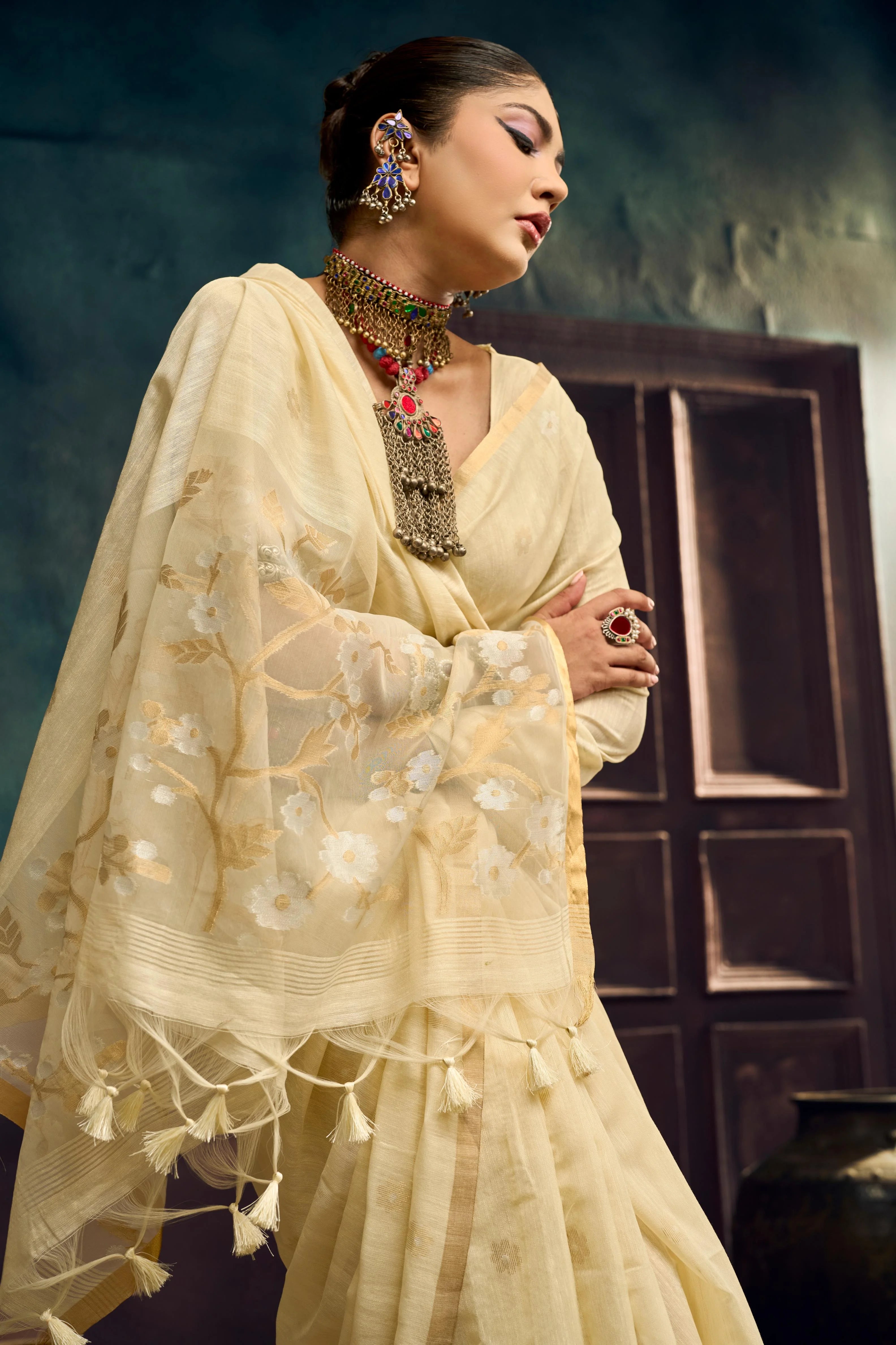 Pure Munga Cotton Casual Wear Beige With Handloom Work