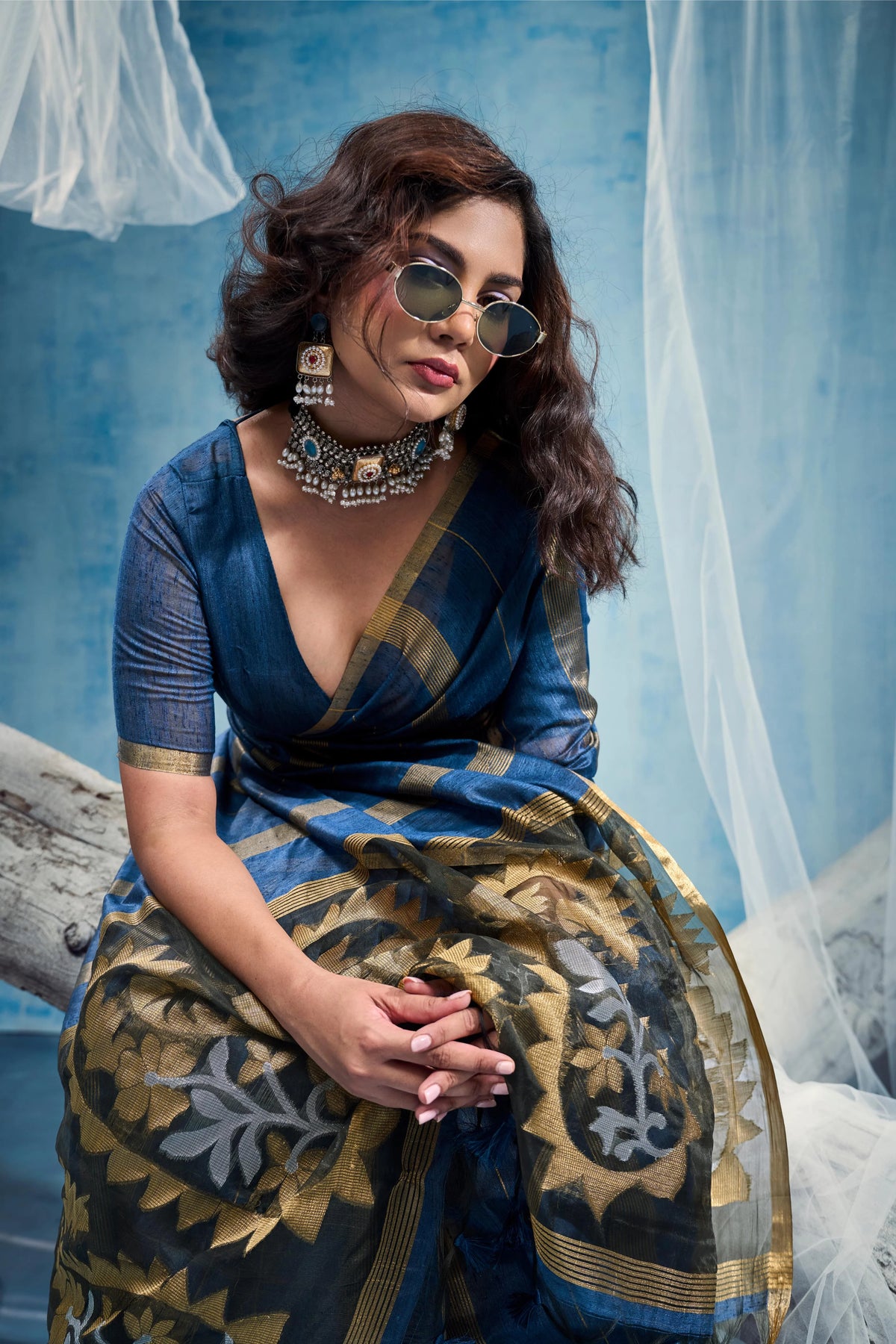Munga Cotton Blue Casual Wear Handloom Weaving Sarees