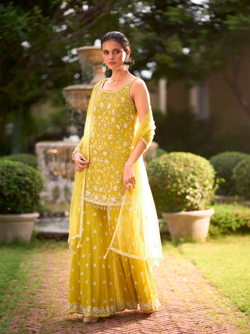 Georgette Yellow Pearl Work Tunic With Sharara & Dupatta