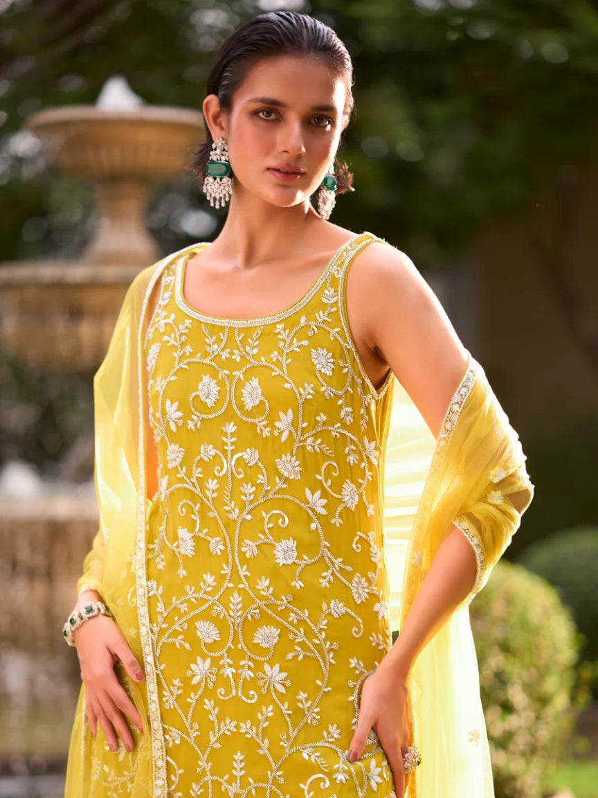 Georgette Yellow Pearl Work Tunic With Sharara & Dupatta