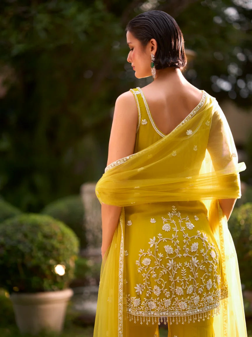 Georgette Yellow Pearl Work Tunic With Sharara & Dupatta