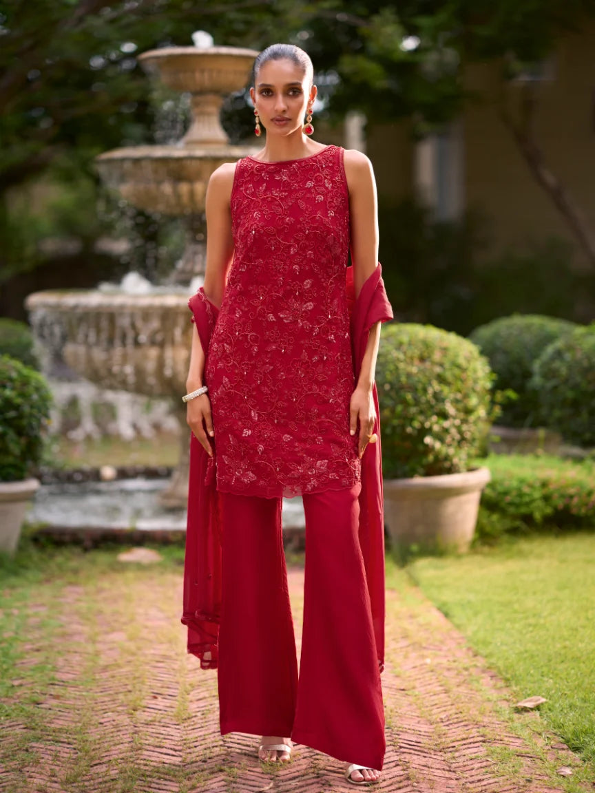 Georgette Red Pearl Work Tunic With Sharara & Dupatta