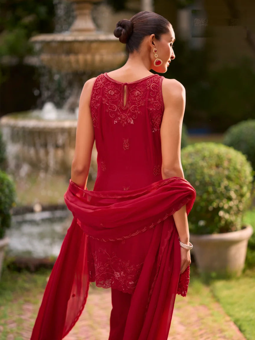 Georgette Red Pearl Work Tunic With Sharara & Dupatta