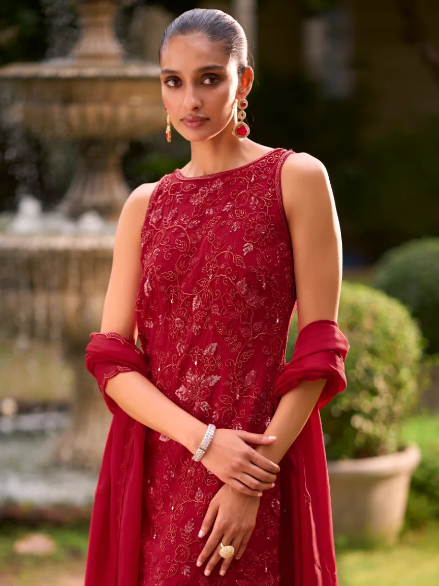 Georgette Red Pearl Work Tunic With Sharara & Dupatta