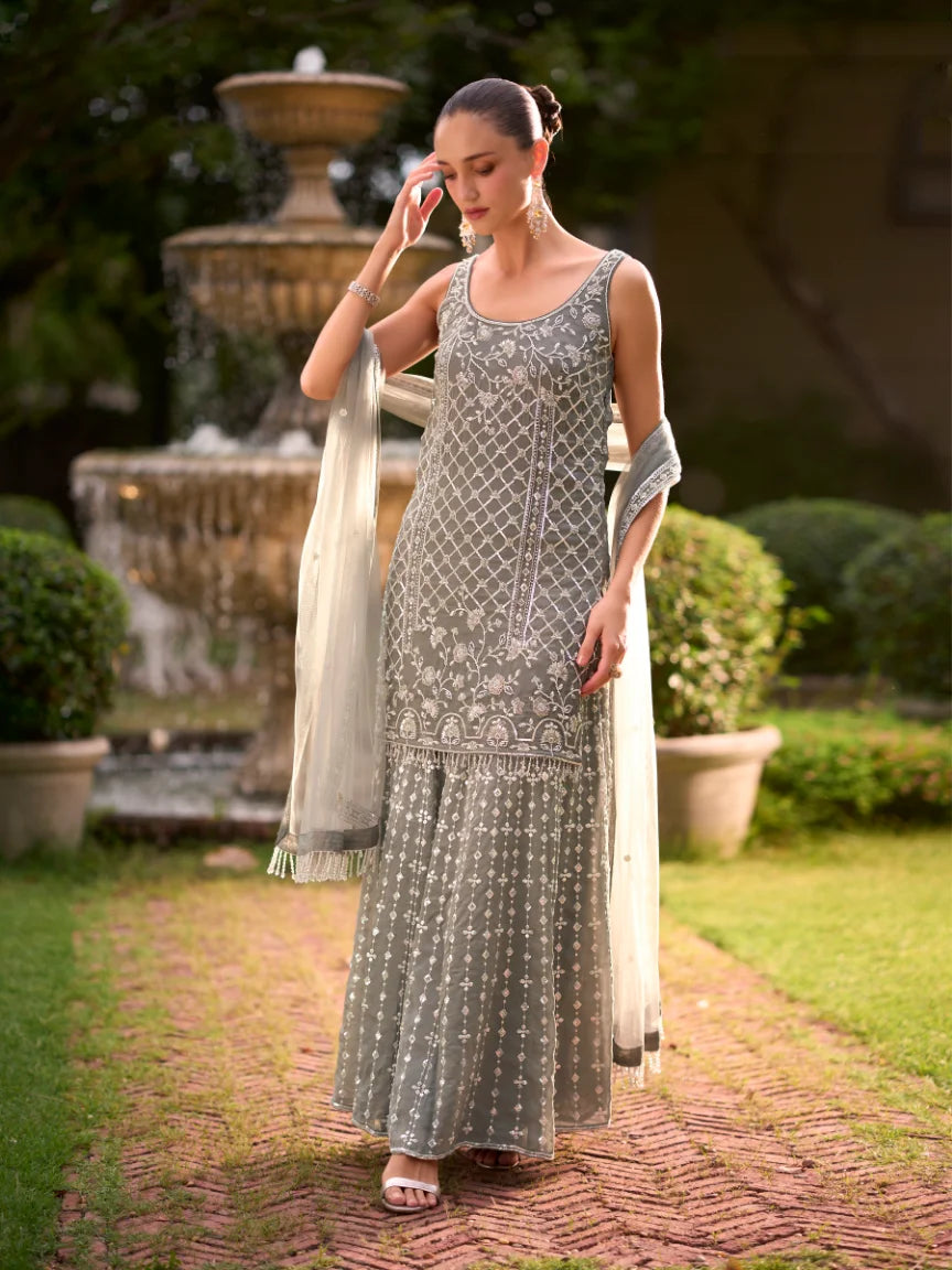 Chinon Grey Pearl Work Tunic With Sharara & Dupatta