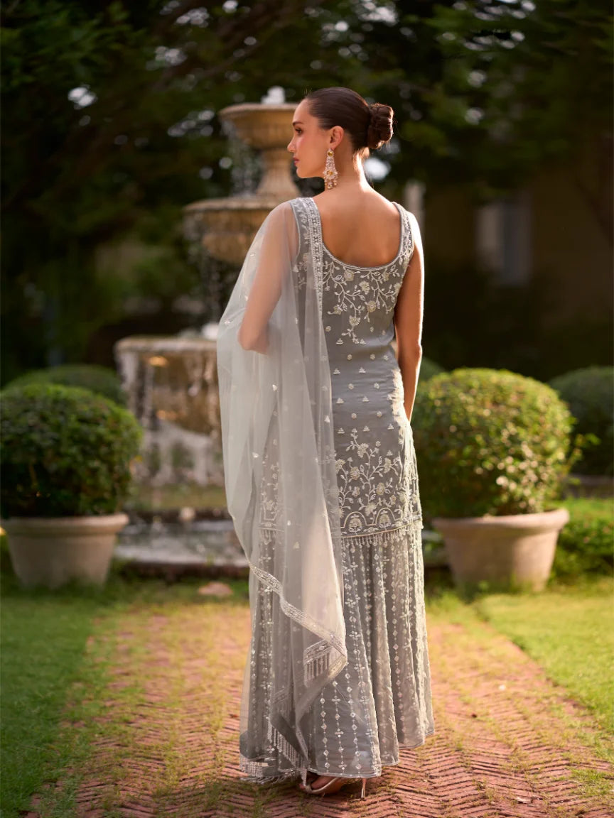 Chinon Grey Pearl Work Tunic With Sharara & Dupatta