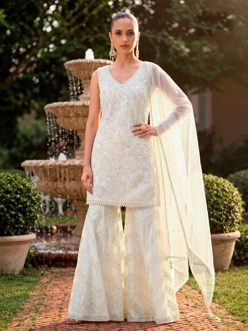 Tulle Net Off White Pearl Work Tunic With Sharara & Dupatta