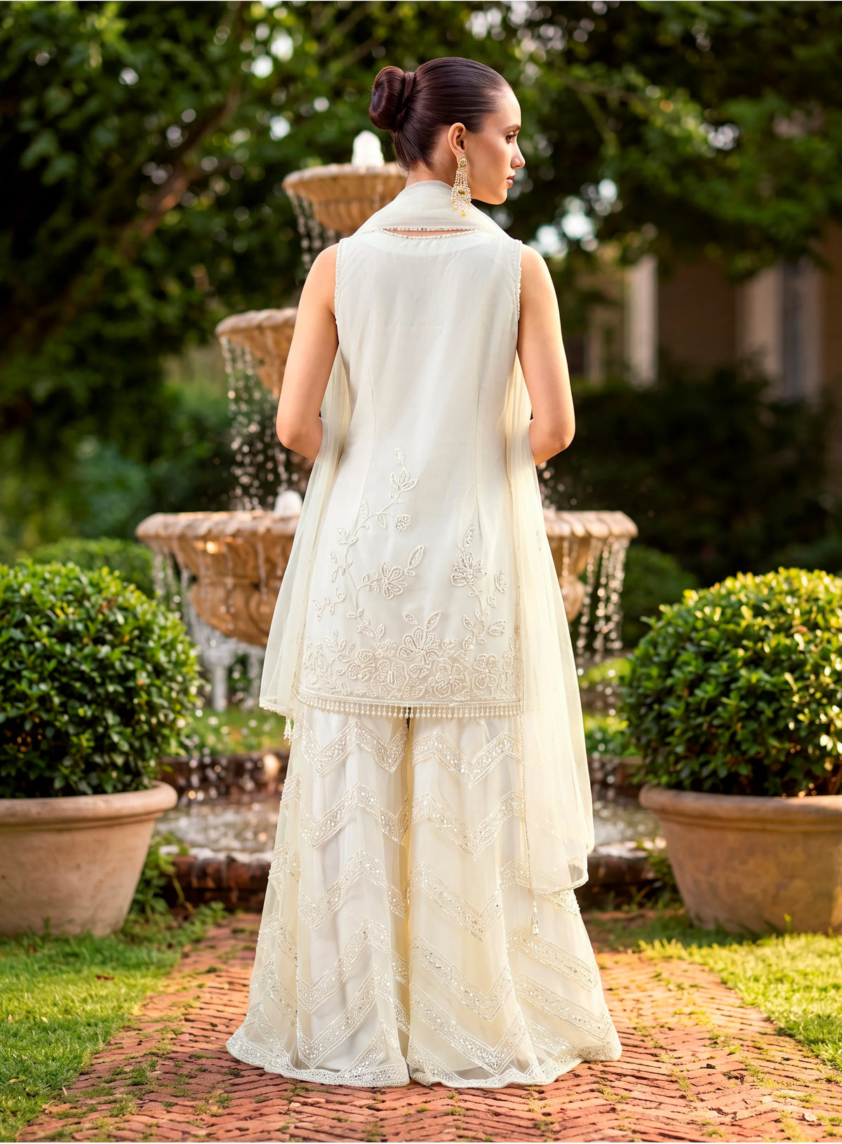 Tulle Net Off White Pearl Work Tunic With Sharara & Dupatta