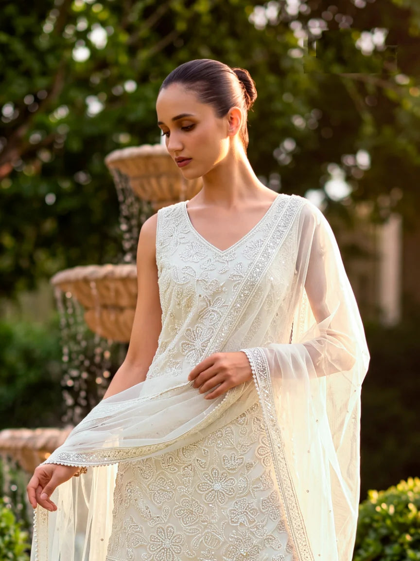 Tulle Net Off White Pearl Work Tunic With Sharara & Dupatta