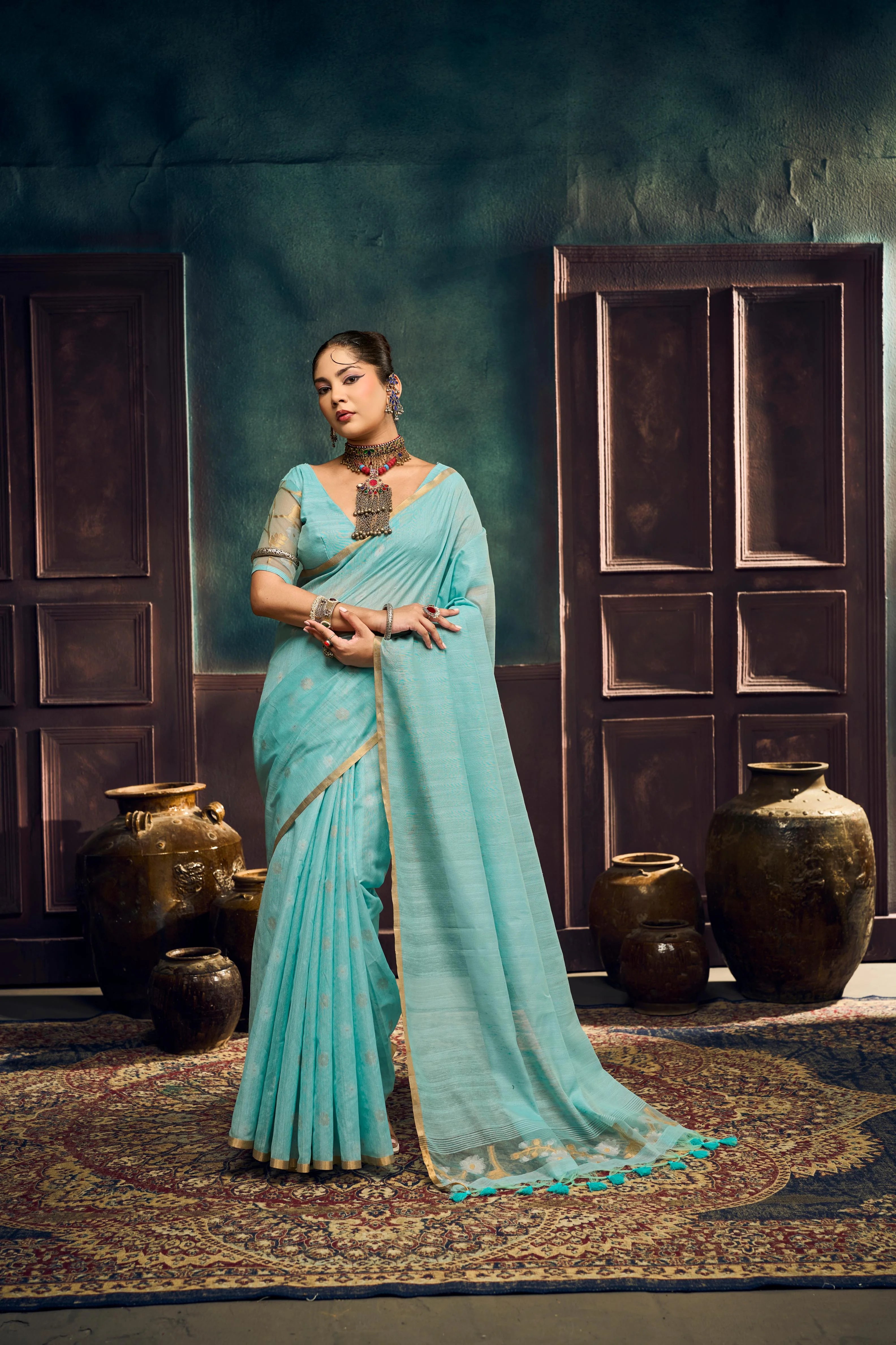 Pure Munga Cotton Casual Wear Blue With Handloom Work