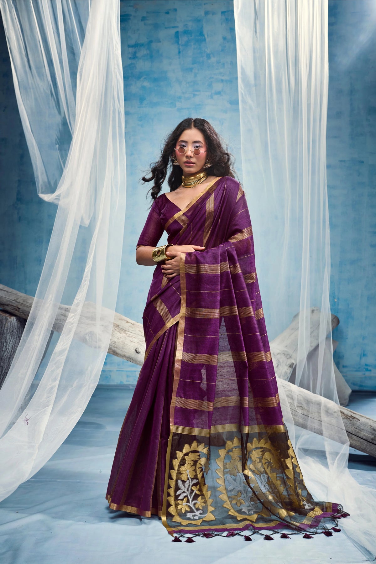 Munga Cotton Purple Casual Wear Handloom Weaving Sarees