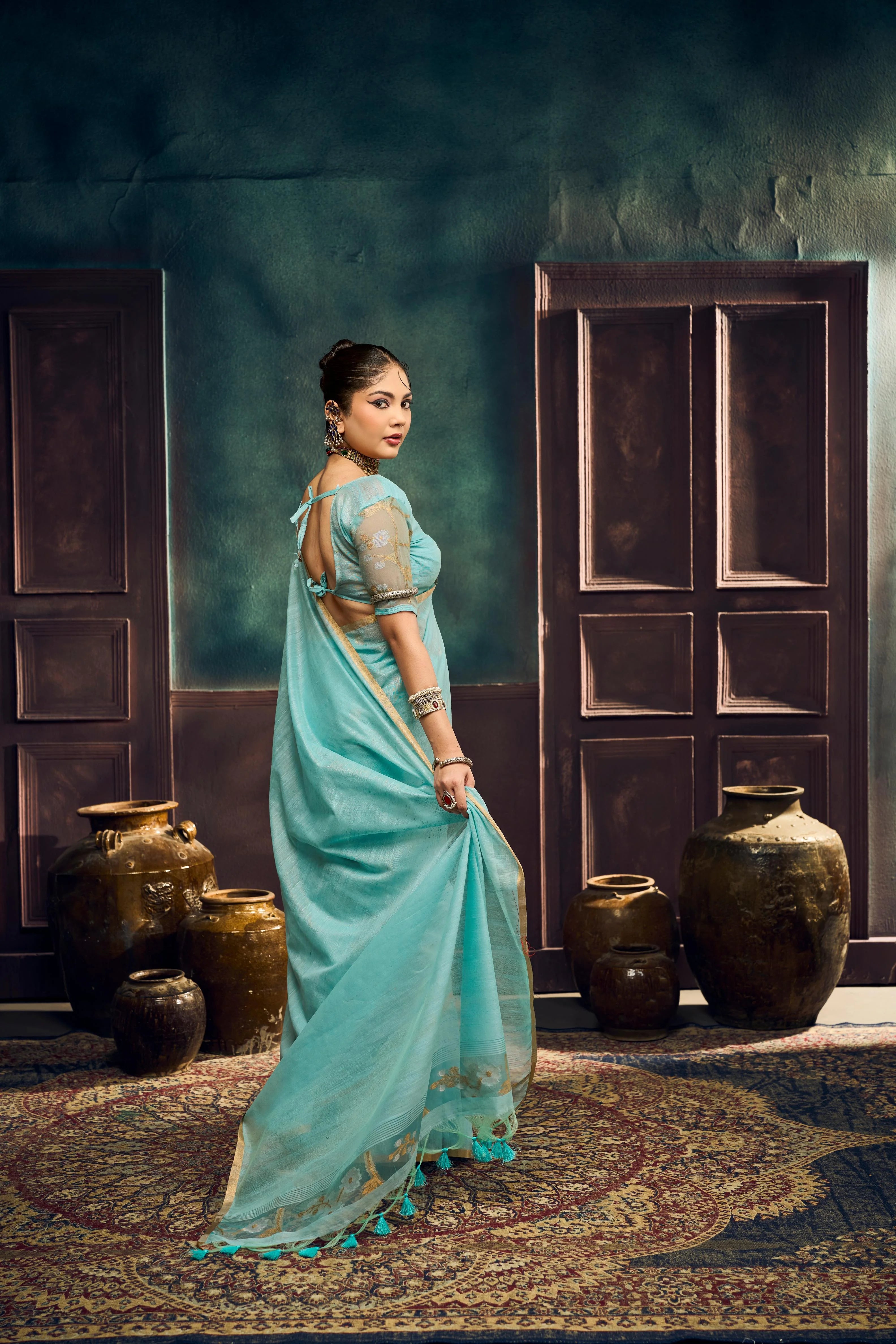 Pure Munga Cotton Casual Wear Blue With Handloom Work