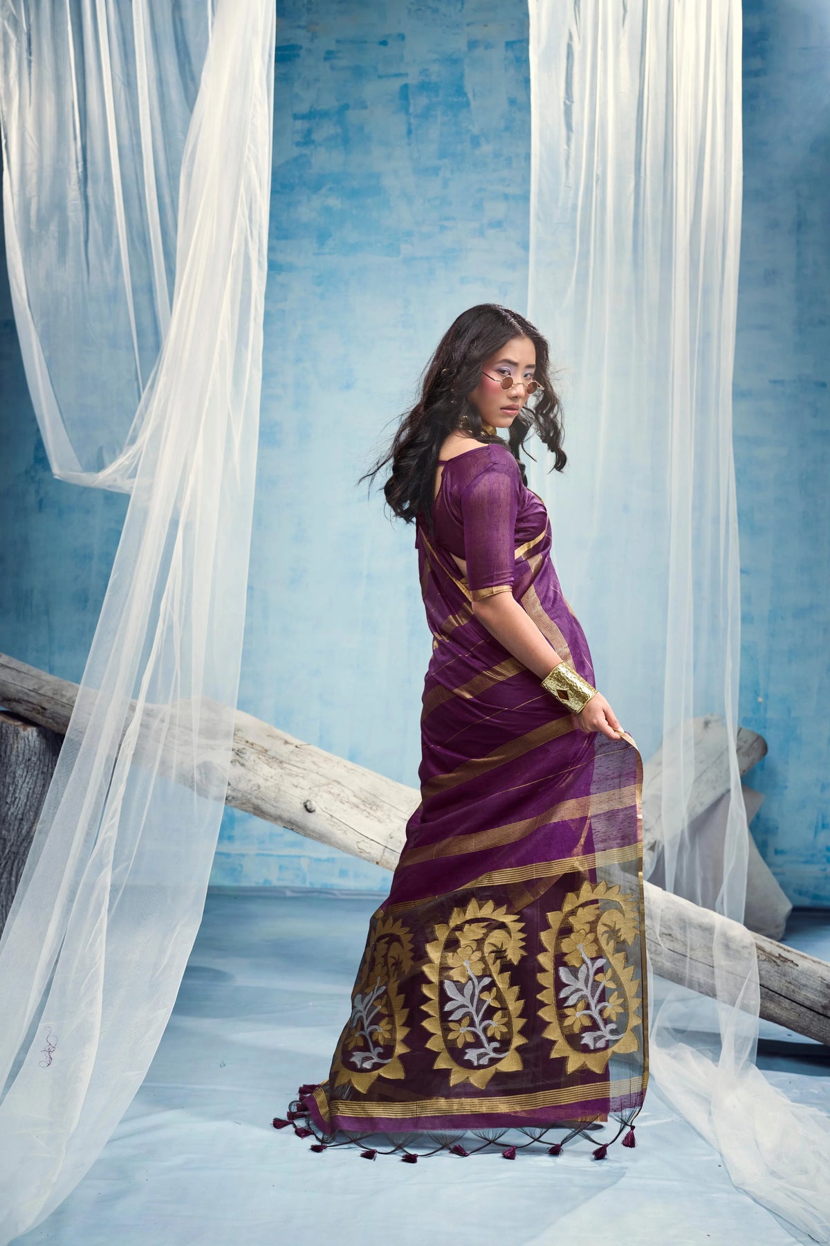 Munga Cotton Purple Casual Wear Handloom Weaving Sarees