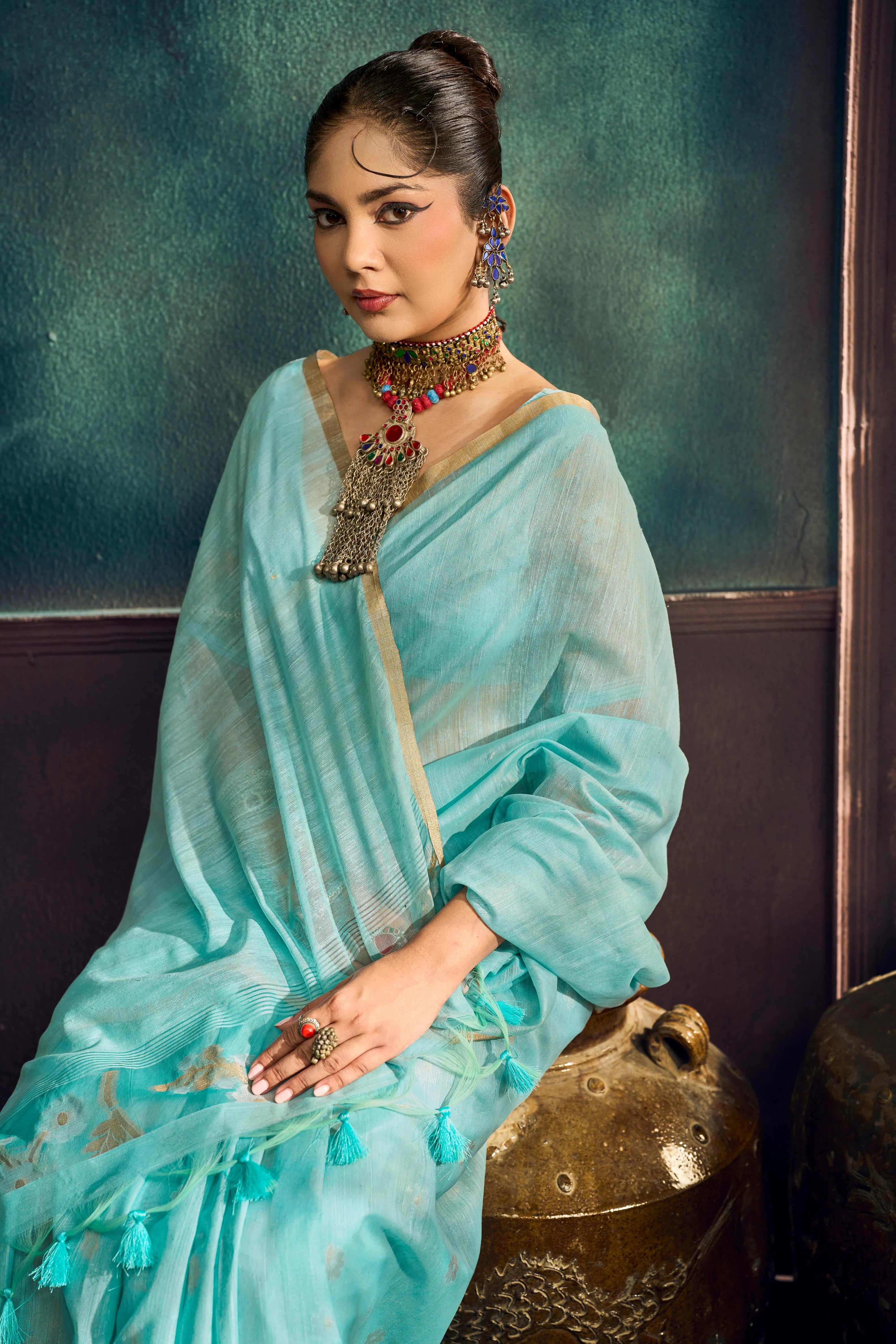 Pure Munga Cotton Casual Wear Blue With Handloom Work