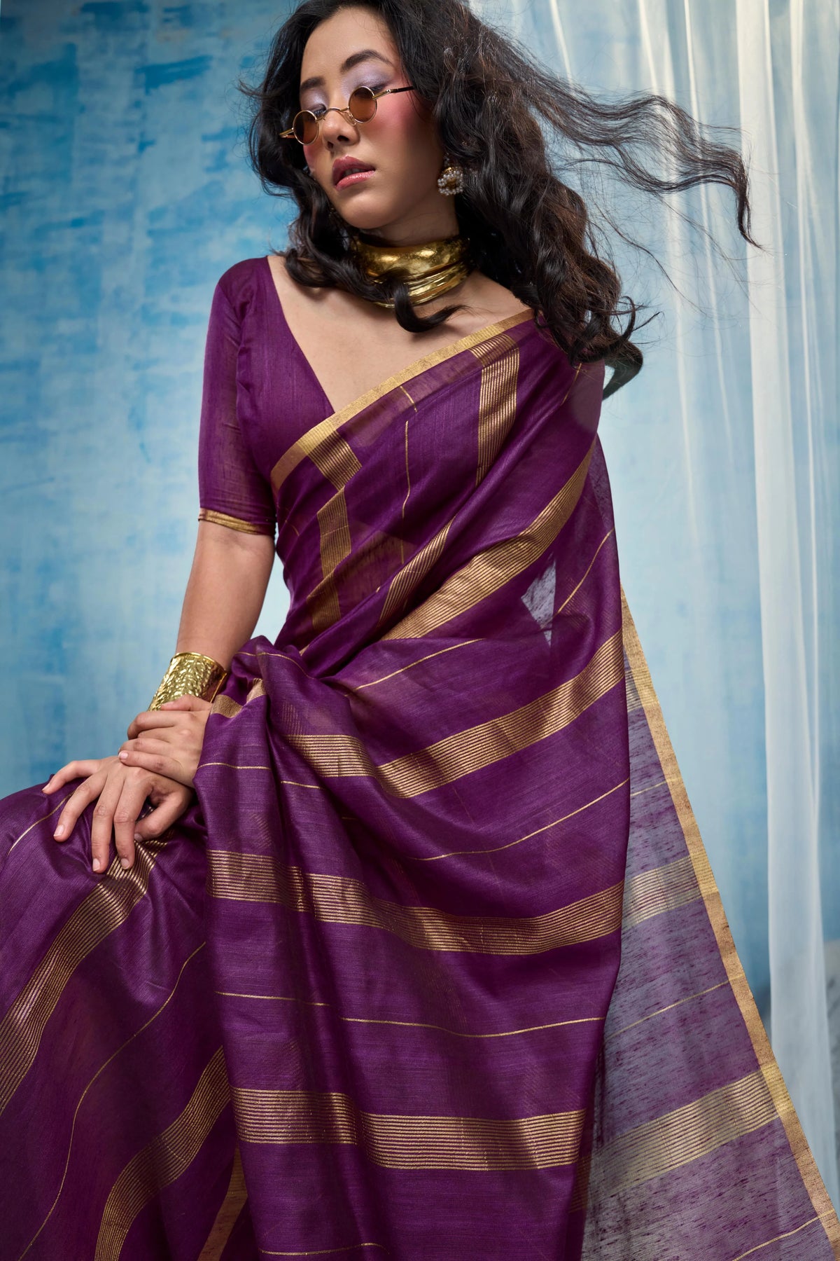 Munga Cotton Purple Casual Wear Handloom Weaving Sarees