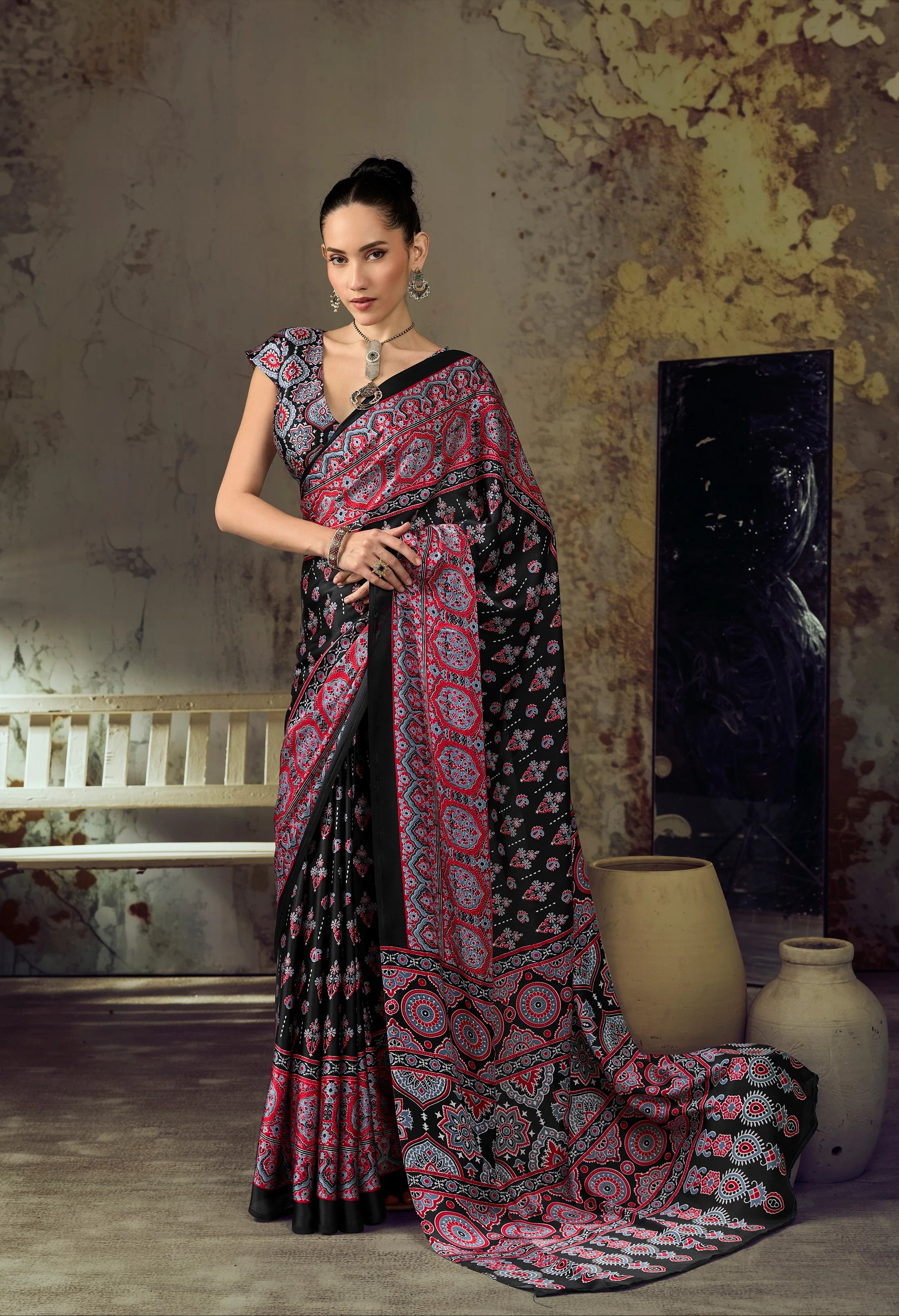 Modal Satin  Ajarakh Regular Wear With Print Saree