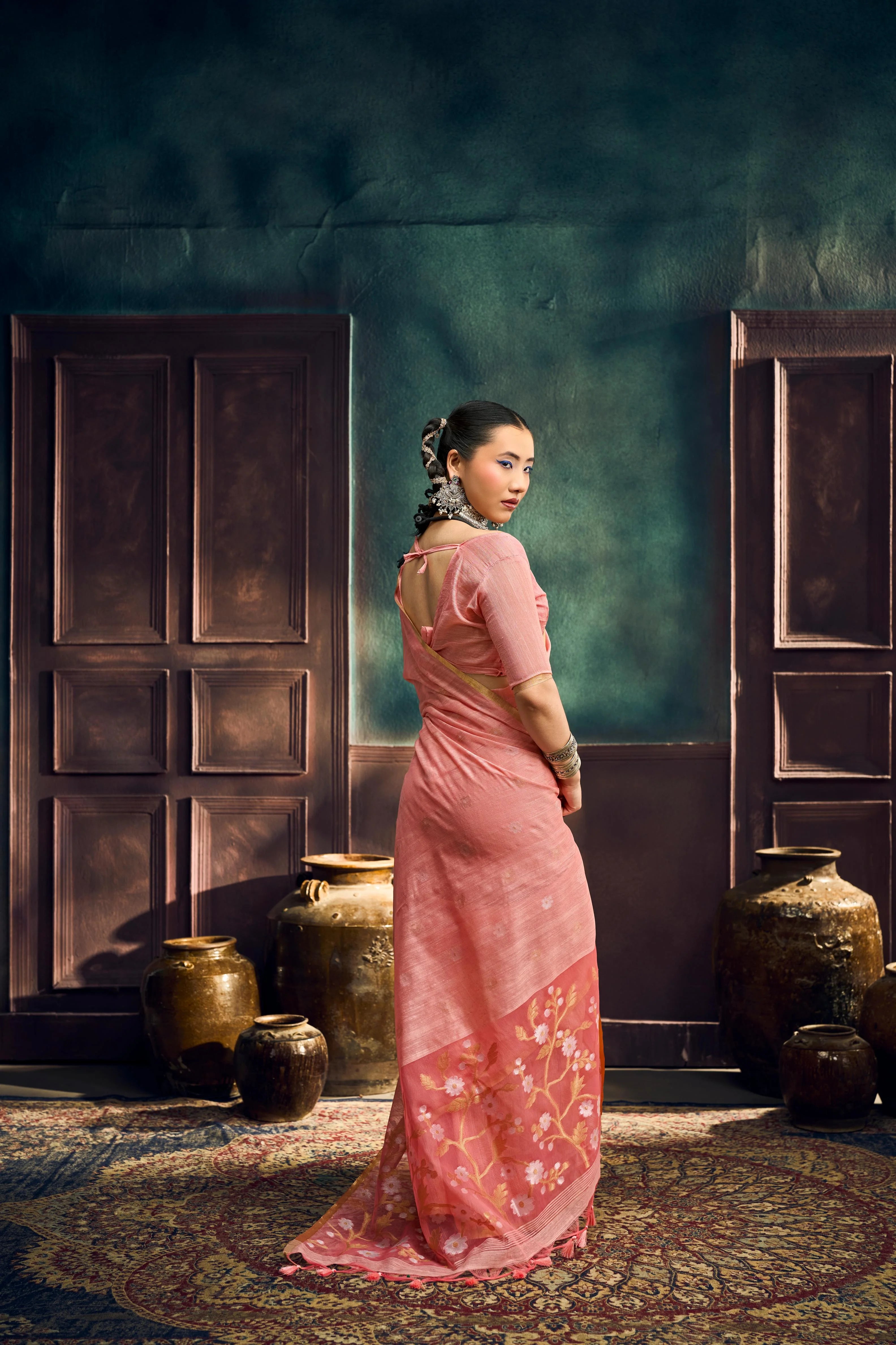 Pure Munga Cotton Casual Wear Peach With Handloom Work