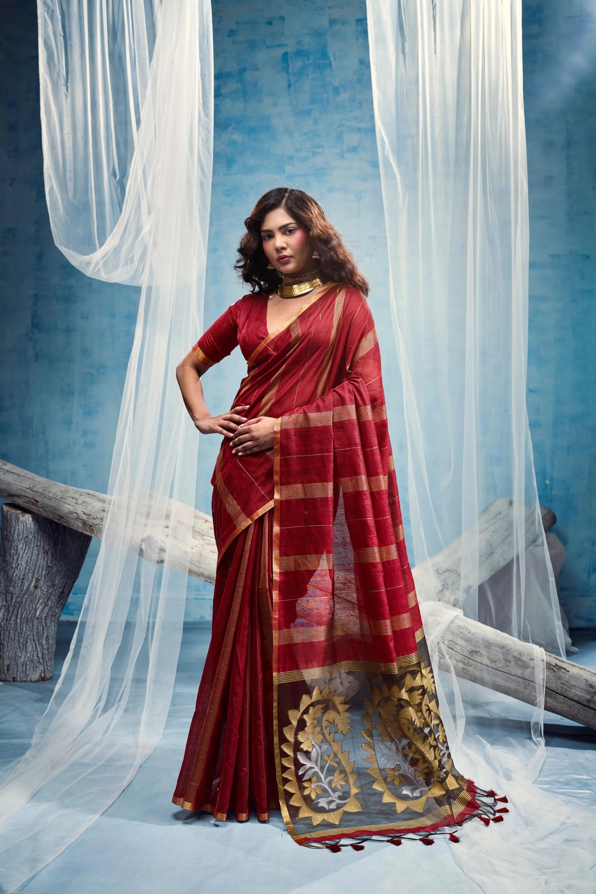 Munga Cotton Red Casual Wear Handloom Weaving Sarees