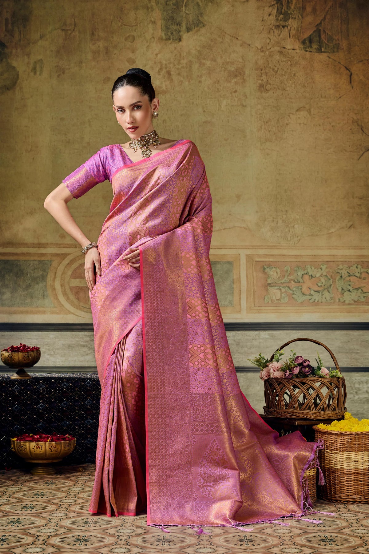 Silk Festival Wear Pink Handloom Weaving Saree