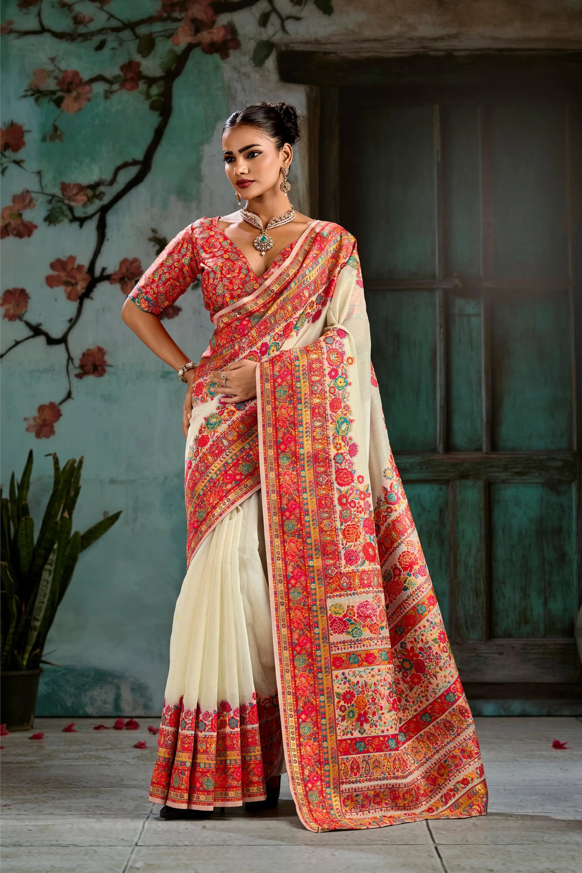 Cotton Pashmina Weaving Off White Festival Wear Sarees
