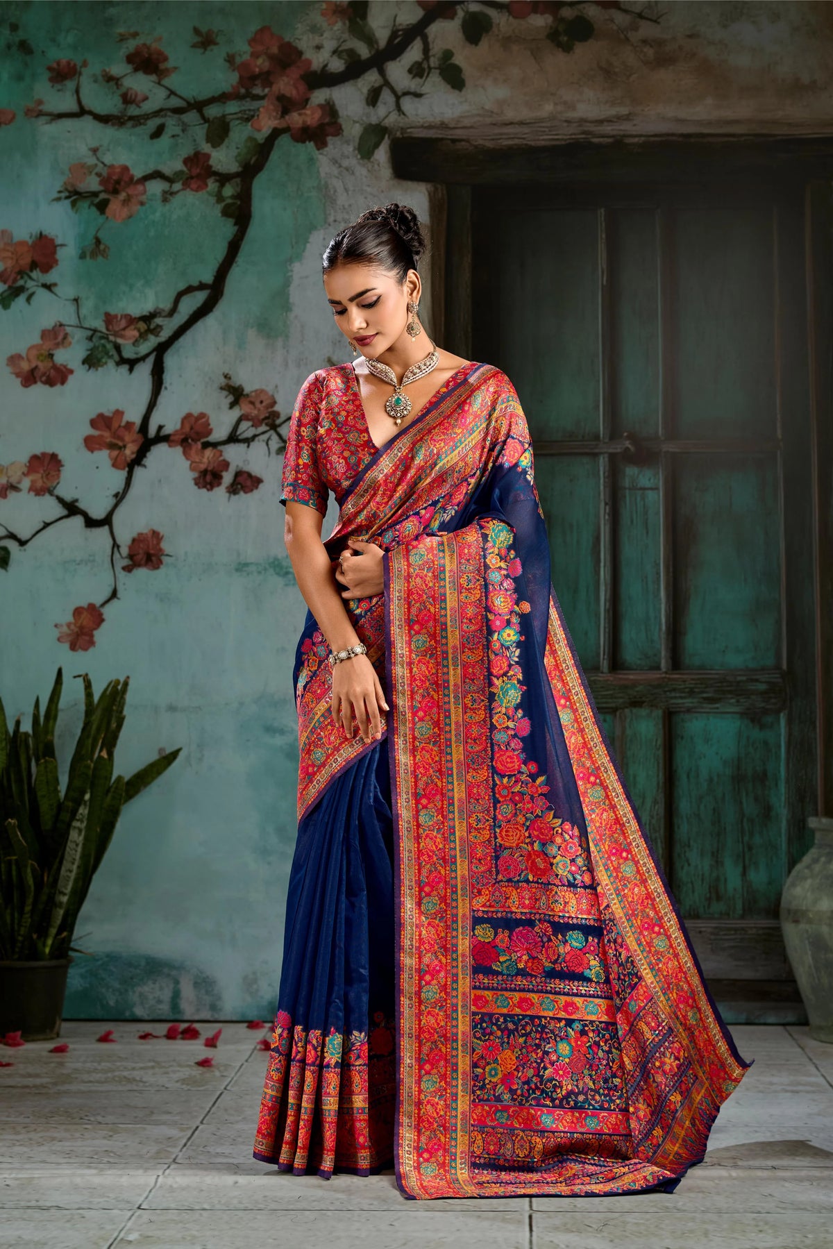 Cotton Pashmina Weaving Blue Festival Wear Sarees