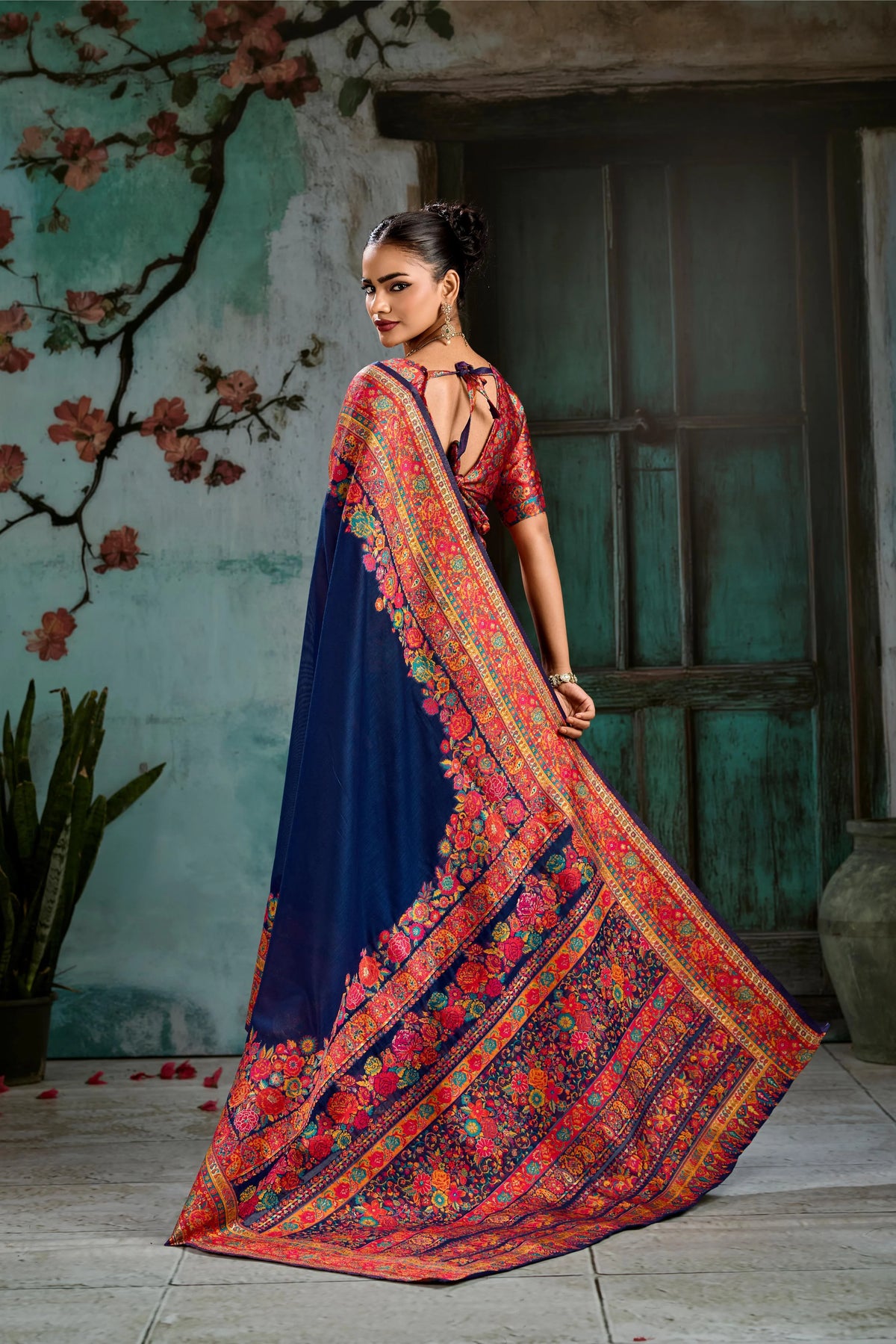 Cotton Pashmina Weaving Blue Festival Wear Sarees