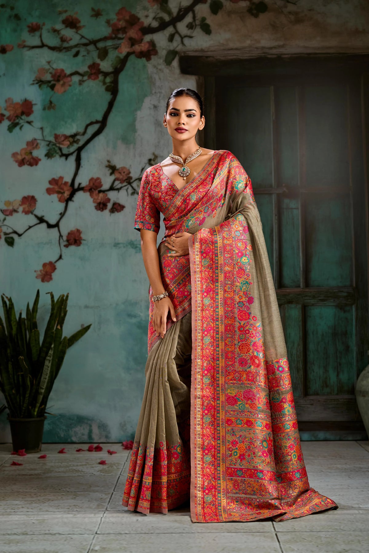 Cotton Pashmina Weaving Brown Festival Wear Sarees