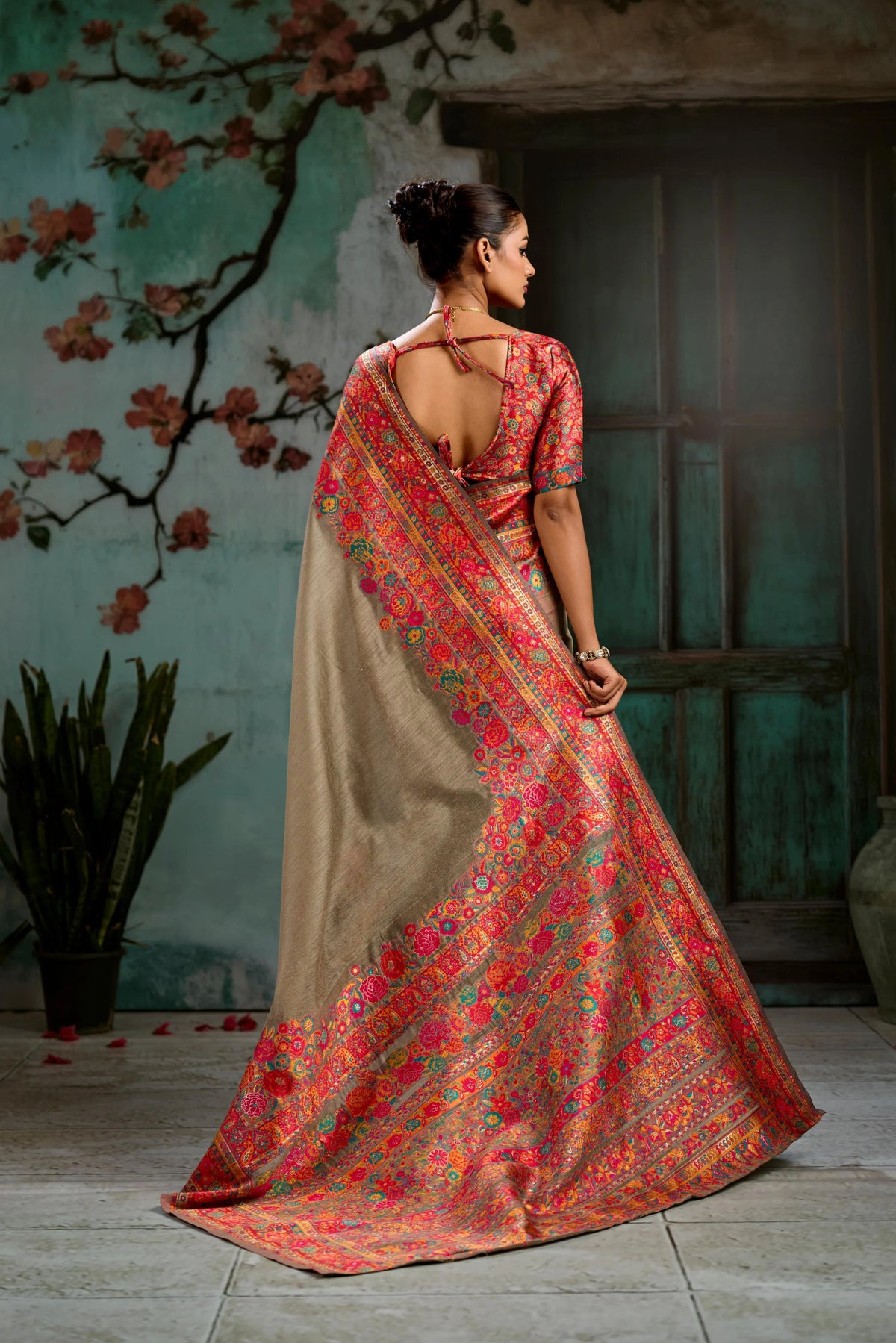Cotton Pashmina Weaving Brown Festival Wear Sarees