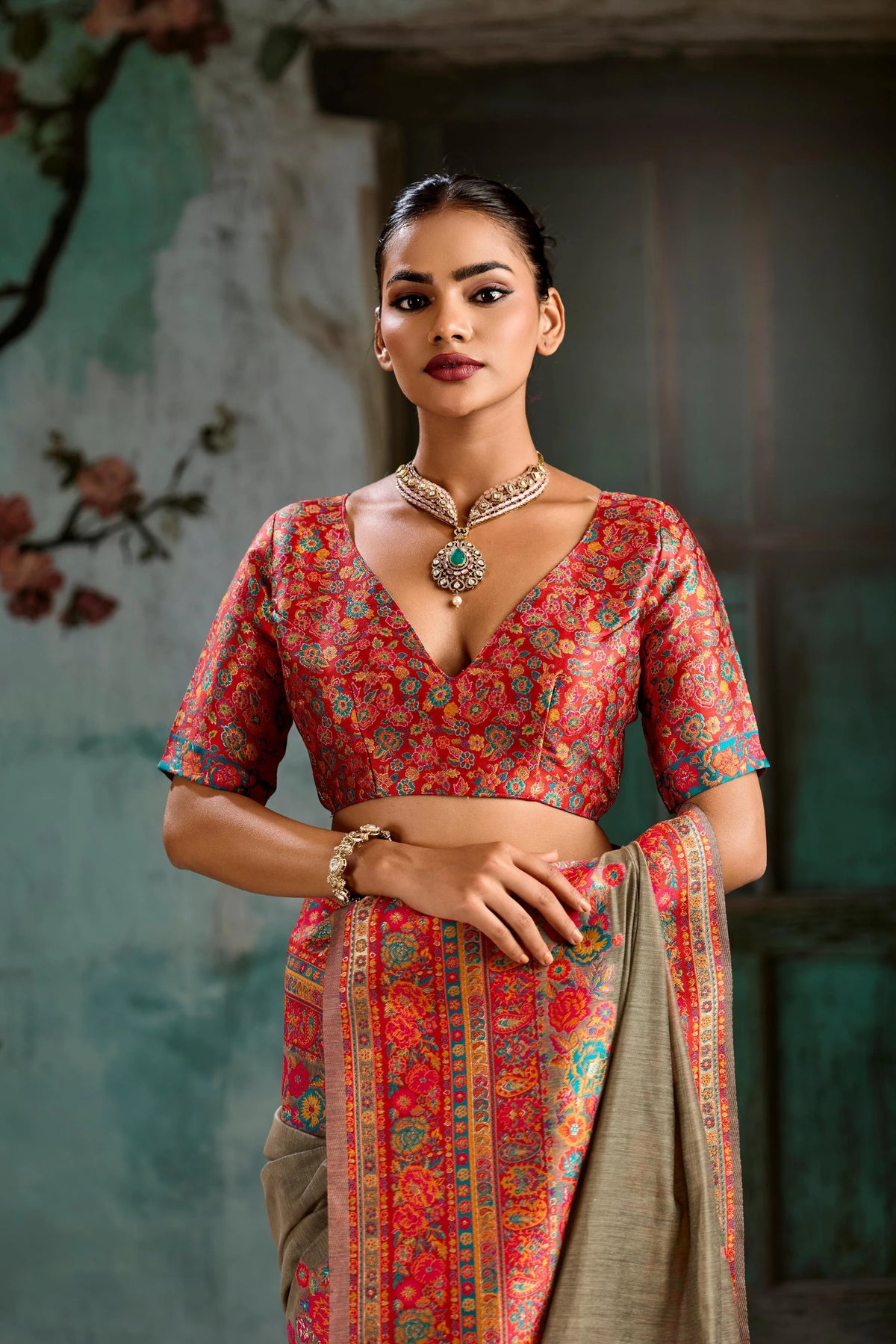 Cotton Pashmina Weaving Brown Festival Wear Sarees