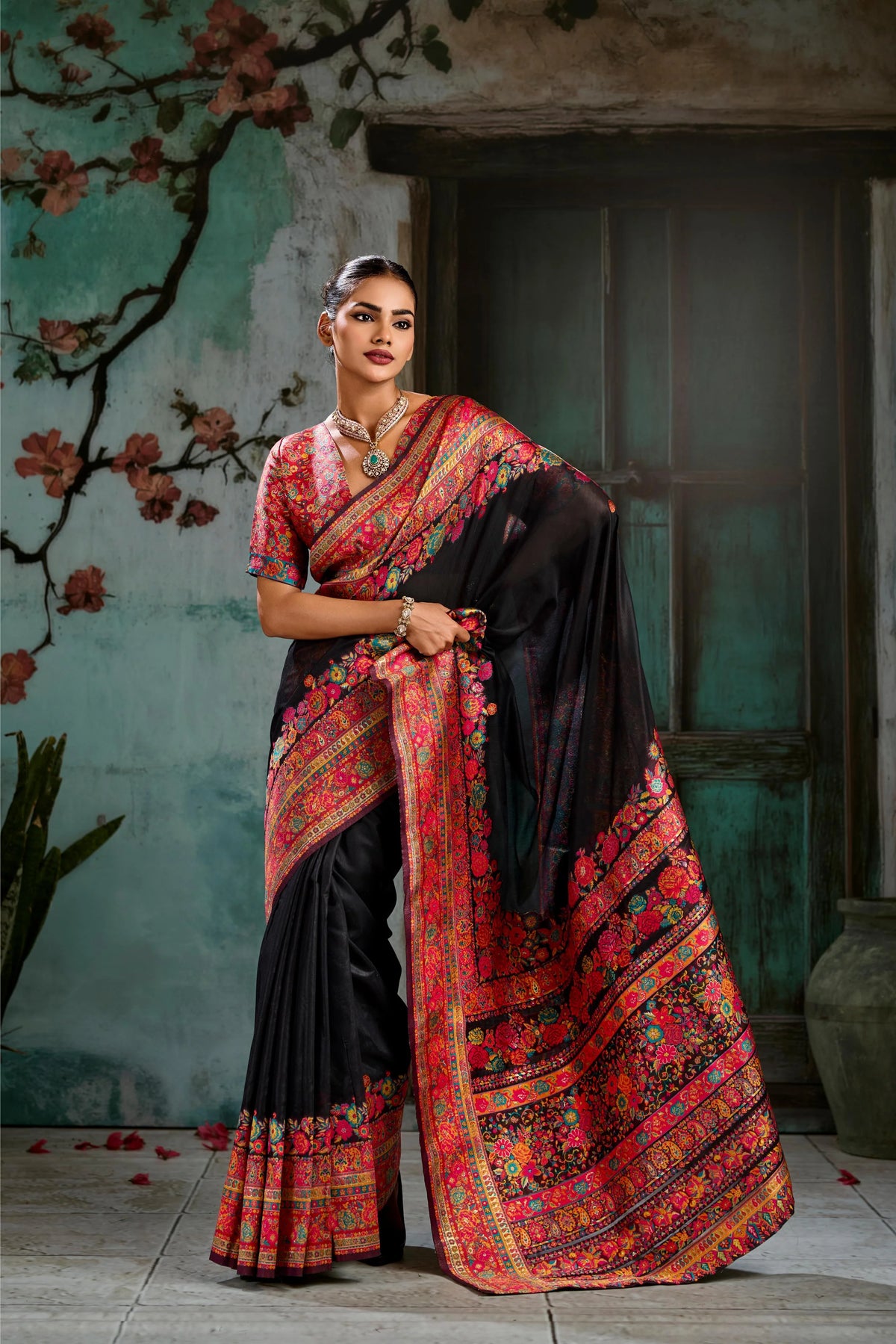 Cotton Pashmina Weaving Black Festival Wear Sarees